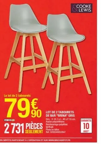 le lot de 2 tabourets  79€  90  pièces 27315  மாற  axa  lot de 2 tabourets de bar "brina" gris dim.: h. 81,5xl 48 x p. 55 cm. assise polyurethane rembourrage polyether  ignifuge.  en  cooke lewis  gar