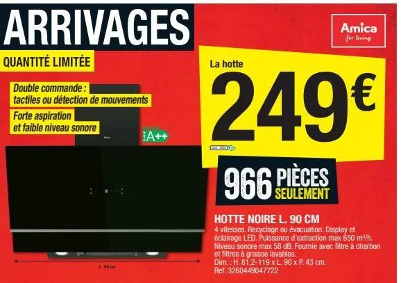 arrivages  quantité limitée  double commande: tactiles ou détection de mouvements  forte aspiration et faible niveau sonore  l.90  a++  la hotte  249€  966 pièces  seulement  betty  hotte noire l. 90 