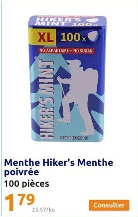 HIKER'S MINT  HIKER'S MINT 100.  XL 100x  NO ASPARTAME + NO SUGAR  25.57/ka  PEPPERMINT  Menthe Hiker's Menthe poivrée  100 pièces  Consulter 