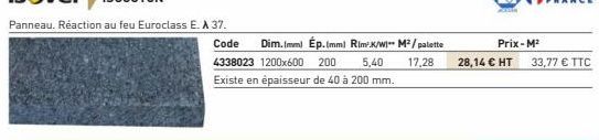 Code Dim.(mm) Ép.(mm) Rim²K/W M³/palette  5,40 17,28  4338023 1200x600 200  Existe en épaisseur de 40 à 200 mm.  Prix-M²  28,14 € HT 33,77 € TTC 