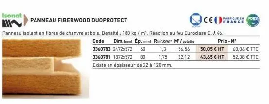 isonat  panneau fiberwood duoprotect  panneau isolant en fibres de chanvre et bois. densité : 180 kg/m². réaction au feu euroclass e. a 46. code dim.(mm) ép.imm) rim² k/w m³/palette  prix-m²  56,56 32