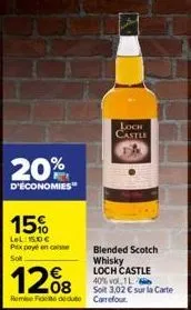 20%  d'économies  15%  lel:15,00 € pixpayé encaisse  loch castle  1208  remise fute carrefour  blended scotch whisky loch castle 40% vol 1l  soit 3,02 € sur la carte 