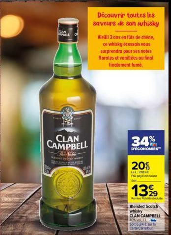 CLAN  ELLO  CLAN CAMPBELL  The Noble  BAB 64  Découvrir toutes les saveurs de son whisky  Vieilli 3 ans en fûts de chêne,  ce whisky écossais vous surprendra pour ses notes florales et vanillées au fi