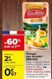 -60%  sur le 2  vendu seu  22  leig:12,30 €  l2produ  097  ermitage  raclette  chander  fromage pour raclette ermitage  cèpes, aftalene, piment ou poivre, 28% m.g. dans produt fini, 200 g soit les 2 p