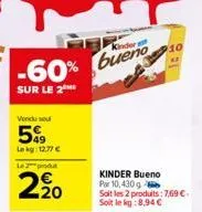 kinder  -60% bueno  sur le 2  vendu sou  5%  lekg: 12.77 € le 2 prod  2,20  kinder bueno par 10, 430 g  soit les 2 produits: 7,69 €. soit le kg:8,94 €  10 