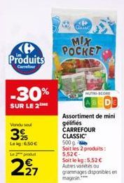 Produits  Carrefour  -30%  SUR LE 2  Vendu se  3%  Lekg:6.50€  Le 2 produt  27  MIX POCKET  NUTRI-SCORE  Assortiment de mini gélifiés CARREFOUR CLASSIC 500g  Soit les 2 produits: 5,52€-Soit le kg: 5.5