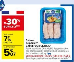 -30%  SUR LE 2ME  Vendu soul  725  Le kg:5€  Le 2 produit  5%7  CUSSES DE POULET  Cuisses de poulet CARREFOUR CLASSIC  Poulet noun Sans OGM (0,9%). Respect du bien-être animal, garantie sans traitemen