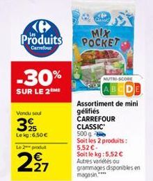 ✪ Produits  Carrefour  -30%  SUR LE 2ME  Vendu seul  3%  Lekg: 6.50€  Le 2 produ  227  €  MIX POCKET  NUTRI-SCORE  DE  Assortiment de mini  gélifiés CARREFOUR  CLASSIC  500 g  Soit les 2 produits: 5,5