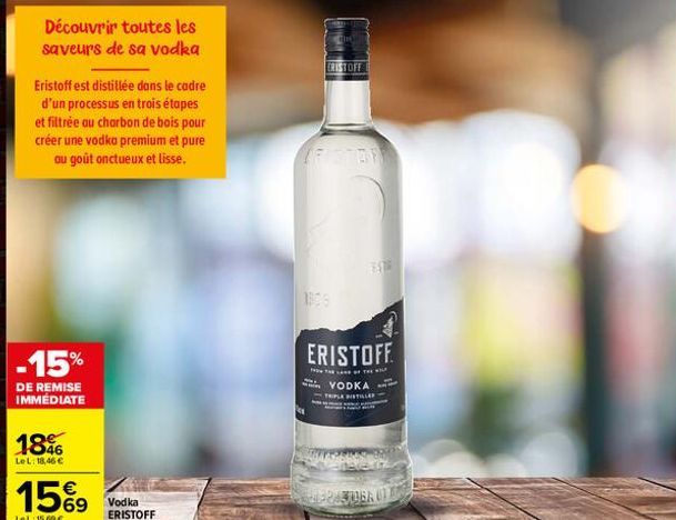 Découvrir toutes les saveurs de sa vodka  Eristoff est distillée dans le cadre d'un processus en trois étapes et filtrée au charbon de bois pour créer une vodka premium et pure au goût onctueux et lis