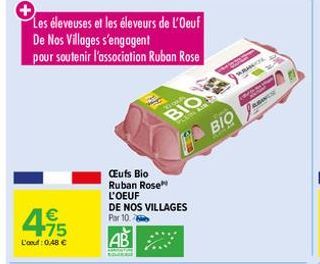 Les éleveuses et les éleveurs de l'Oeuf  De Nos Villages s'engagent  pour soutenir l'association Ruban Rose  495  €  L'oeud: 0,48 €  BIO  PLES AIR  Cufs Bio Ruban Rose L'OEUF  DE NOS VILLAGES Par 10. 