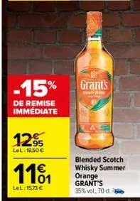 -15% grants  de remise immédiate  1295  lel: 18.50€  1101  lel:15,73 €  blended scotch whisky summer orange grant's 35% vol. 70 d. 