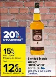 20%  d'économies  15%  lel: 15,10 € prix payé en caisse  sot  loch castle  blended scotch whisky loch castle 40% vol., 1 l. soit 3,02 € sur la carte remise fideite déduto carrefour.  12%8  08 