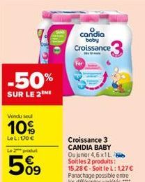 -50%  SUR LE 2 ME  Vendu seul  10%  LeL: 170 €  Le 2 produt  5%9  candia boby Croissance  Croissance 3 CANDIA BABY Ou junior 4,6x1L. Soit les 2 produits: 15,28 € Soit le L: 1,27 € Panachage possible e