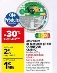 Produits  Carrefour  -30%  SUR LE 2  Vendu se  FUNBOX  Assortiment  de confiseries gélifiés CARREFOUR CLASSIC FunBox, 600 g  Soit les 2 produits: 4,74 €- Soit le kg: 3,95 €  Autres variétés disponible