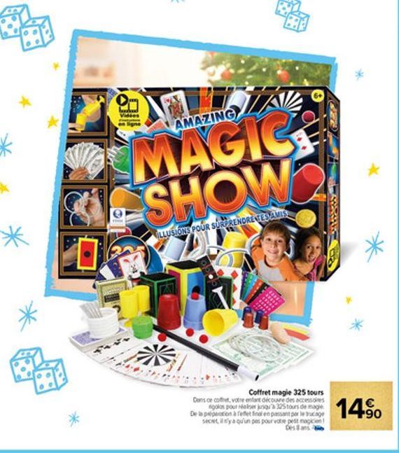 baad Vidées  AMAZING  MAGIC SHOW  ILLUSIONS POUR SURPRENDRENTESAMIS  Coffret magie 325 tours  Dans ce coffret, votre entart découre des accessoires golos pour réaliser jusqu'à 325 tours de mage De la 