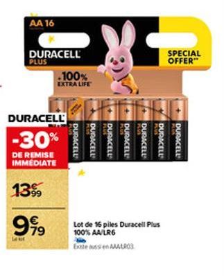 AA 16  DURACELL  PLUS  DURACELL  -30%  DE REMISE IMMEDIATE  1399  999  401  .100%  EXTRA LIFE  PLUS  DURACELL  DURACELL  DURACELL  DURACELL  DURACELL  Lot de 16 piles Duracell Plus 100% AA/LR6  Exte a