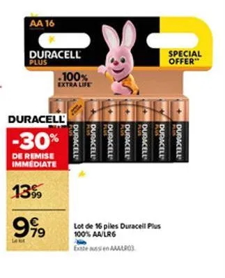 aa 16  duracell  plus  duracell  -30%  de remise immediate  1399  999  401  .100%  extra life  plus  duracell  duracell  duracell  duracell  duracell  lot de 16 piles duracell plus 100% aa/lr6  exte a