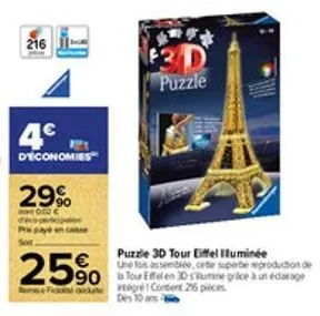 216  4€  d'economies  500  29%  đến  caisse  25%  puzzle  puzzle 3d tour eiffel iluminée une fois assemblée, cete superbe production de  90 tour efelen 30 sumine grace à un edarage foutercontent 216 p