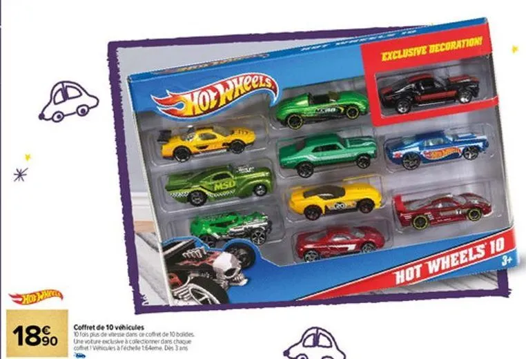 18%  coffret de 10 véhicules  10 fois plus de vitesse dans ce cofet de 10 bolides une voture exclusive à collectionner dans chaque cot veicules à féchele 164eme dis 3  hotwheels  msd  exclusive decora