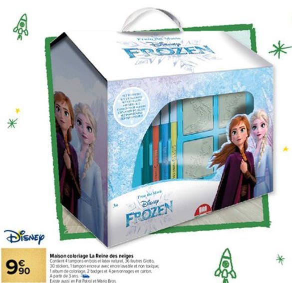 DISNEY  9%  Buy  FROZEN  NERA  Devay  FROZEN  21  Mak  Maison coloriage La Reine des neiges Consert 4 tampons en bois et latex naturel, 35 eutres G 30 stickers, 1 tampon encreur avec encre lavable et 