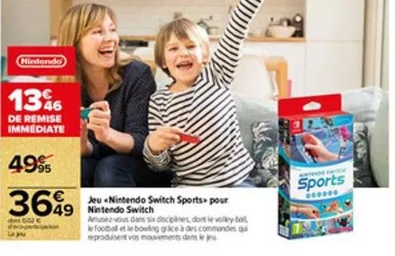 nintendo  1346  de remise immediate  4995  36%9 549  leye  jeu «nintendo switch sports pour  musez-vous dans six disciplines, dont le volley-bal le football et le bowling grace à des commandes qu repr