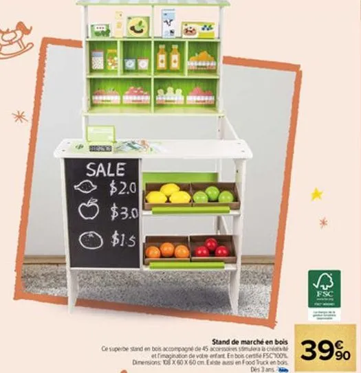 sale  $2.0  $3.0 $15  stand de marché en bois ce superbe stand en bois accompagné de 45 accessoires smulera la creci et fimagination de votre enfant. en bois ces fsc100% dimensions: 105 x 60 x 60 cm. 