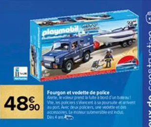 playmobil y  comand  fourgon et vedette de police alerte, le voleur prend la fute à bord d'un bateau! ciers s'élancent à sa poursuite et anvent  90 p avec deux policiers, une vedette et des accessoire