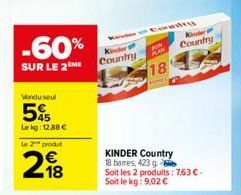 -60%  SUR LE 2 ME  Vendusel  5%  Lekg: 12,88 €  Le 2 produt  218  Kinder Country  Condry  KAN  18  KAMMET  KINDER Country 18 bares, 423 g  Soit les 2 produits: 7,63 €-Soit le kg: 9,02 €  Kinder Countr