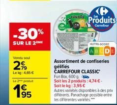 -30%  SUR LE 2ME  Vendu soul  2,99  Lekg: 4,65 €  Le 2 produt  €  195  FUNGON Produits  Carrefour  NUTRI-SCORE  Assortiment de confiseries  gélifiés CARREFOUR CLASSIC  Fun Box, 600 g  Soit les 2 produ