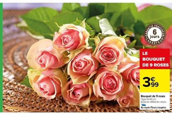 garan  rantie  jours  le  bouquet de 9 roses  399  bouquet de 9 roses tiges de 60 cm existe en différents coloris  au rayon fleurs coupées  valley 