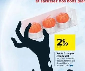 259  le set  set de 3 bougies chauffe plat disponible en version citrouille, fantôme, tite de mort blanche ou pailletée dorée 