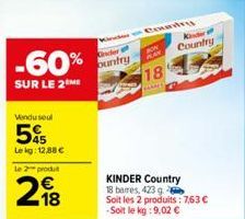 nder t  -60% buntry  SUR LE 2 ME  Vendusel  5%  Lekg: 12,88 €  le 2 produt  N  68  Coundry  18  CARACT  KINDER Country 18 bares, 423 g Soit les 2 produits: 7,63 € -Soit le kg: 9,02 €  Country 