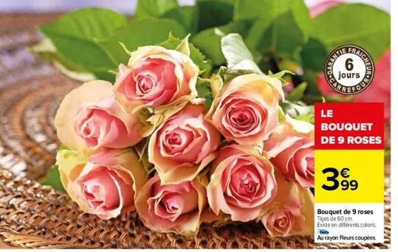 garan  rantie  jours  le  bouquet de 9 roses  399  bouquet de 9 roses tiges de 60 cm existe en différents coloris  au rayon fleurs coupées  valley 