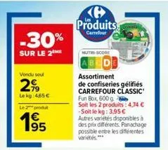 -30%  sur le 2 me  vendu seul  2,99  lekg: 465 €  le 2 produt  195  produits  carrefour  nutri-score  assortiment  de confiseries gélifiés carrefour classic' fun box, 600 g soit les 2 produits: 4,74 €