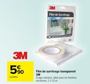 3M  5⁹0  La pièce  3M Film de Survitrage  Film de survitrage transparent 3M  Usage intérieur, idéal pour les fenêtres anciennes, 2 x 1,5 m. 