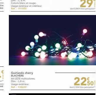 Guirlande cherry BLACHÈRE  64 LEDS multicolores. Dim.: LB m.  Usage extérieur. Réf. : 138659  22.50€  donta TEH do participation 