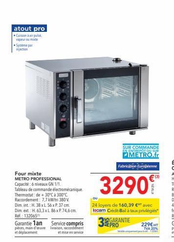 atout pro Cuisson à air pulse, vapeur ou mote  Systeme par injection  INNEH  Four mixte METRO PROFESSIONAL Capacité: 6 niveaux GN 1/1. Tableau de commande électromécanique. Thermostat: de +30°C à 300°