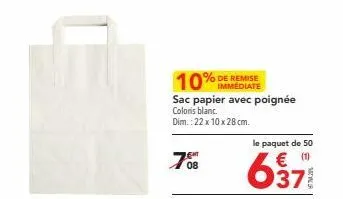 70%  10% de remise  sac papier avec poignée coloris blanc.  dim.: 22 x 10 x 28 cm.  le paquet de 50 € (1)  =  mer 