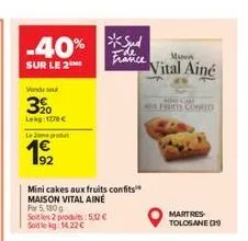 -40%  sur le 2  vendu seu  3%  lekg: 1778 €  le jone produt  192  mini cakes aux fruits confits maison vital ainé par 5, 180 g soit les 2 produits: 5.12€ soit le kg: 14,22 €  france  mus  vital ainé  