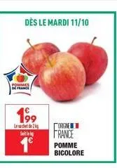 dès le mardi 11/10  pommes de france  199  de 2  s  1€  origine  france  pomme bicolore 