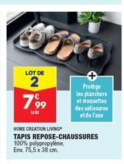 LOT DE  2  799  Llet  Protège les planchers et moquettes des salissures  et de l'eau  HOME CREATION LIVING  TAPIS REPOSE-CHAUSSURES  100% polypropylène.  Env. 75,5 x 38 cm. 