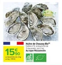 15%  la bouche de 2 kg lekg: 795€  huitre de chausey bio calbre n'3, la bourriche de 2 douzaines, soit 2 kg au rayon poissonnerie  ab 