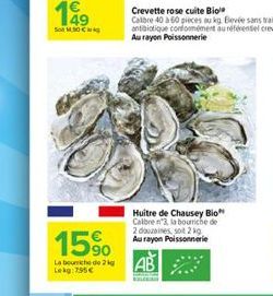 15%  La bouche de 2 kg  Lekg: 795€  Huitre de Chausey Bio Calbre n'3, la bourriche de 2 douzaines, soit 2 kg Au rayon Poissonnerie  AB 