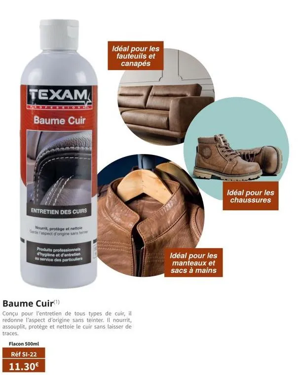 texam  professt  baume cuir  entretien des cuirs  nourrit, protège et nettoie garde raspect d'origine sans teinte  produits professionnels d'hygiène et d'entretien au service des particuliers  idéal p