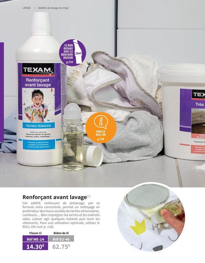 LINGE | Additifs de lavage du linge  TEXAM  Renforçant avant lavage  TACHES TENACES  Addio de prélavage Elmine les taches de graisse, cambouis, huiles, maquillage,  Produits professionnels d'hygiene e