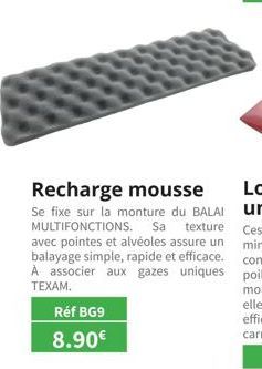 Réf BG9 8.90€  Recharge mousse Se fixe sur la monture du BALAI MULTIFONCTIONS. Sa texture avec pointes et alvéoles assure un balayage simple, rapide et efficace. A associer aux gazes uniques TEXAM. 