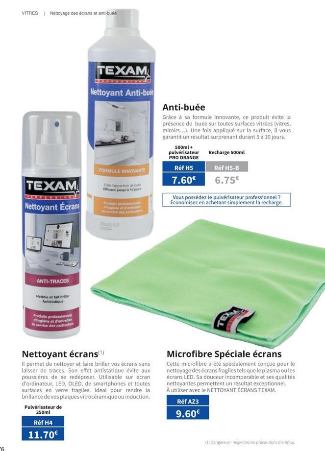 VITRES | Nettoyage des écrans et anti-bude  TEXAM  Nettoyant Écrans  ANTI-TRACES  Nettoie et fait briller Antistatique  Produits professionnels hygiène et d'entretien au service des particuliers  TEXA