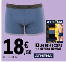 ATHONA  LE LOT DE 5  ATHENS  ECOPACK  €4LOT DE 4 BOXERS  1 OFFERT HOMME  ,50  ATHENA  ATHENA 