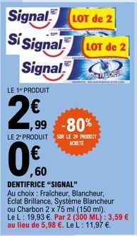 LE 1 PRODUIT  2€  ,99  Signal LOT de 2  Si Signal Signal  -80%  LE 2 PRODUIT SUR LE 20 PRODUIT ACHETE  ,60  DENTIFRICE "SIGNAL"  Au choix: Fraicheur, Blancheur, Éclat Brillance, Système Blancheur ou C