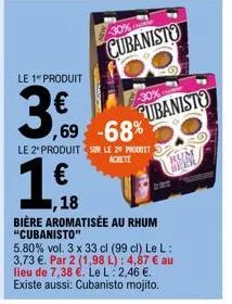 le 1 produit  3.0  -30%  cubanisto bo  ,69 -68%  le 2 produit sur le 20 produit achete  cubanisto  rum  beer  1,60  €  ,18  bière aromatisée au rhum "cubanisto"  5.80% vol. 3 x 33 cl (99 cl) le l: 3,7